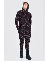 all over man printed hooded tracksuit black