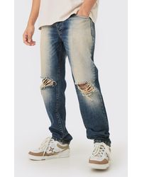 BoohooMAN - Straight Rigid Washed Blue Ripped Knee Jeans - Lyst