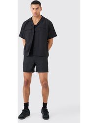 BoohooMAN - Crinkle Nylon Pocket Shirt & Short Set - Lyst