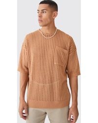 BoohooMAN - Oversized Open Stitch Tshirt With Pocket In Taupe - Lyst