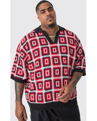 BoohooMAN - Plus Short Sleeve Boxy Fit Crochet Knit Polo In Red - Lyst