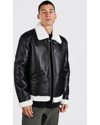 BoohooMAN Leather Look Aviator With Faux Fur Collar - Black