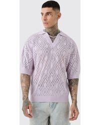 BoohooMAN - Tall Short Sleeve Boxy Fit Revere Open Knit Polo In Ecru - Lyst