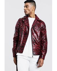 BoohooMAN Faux Leather Biker Jacket In Leopard Print - Red