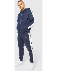 BoohooMAN Man Hooded Short Tracksuit With Piping Detail in Navy gym and workout clothes Tracksuits and sweat suits for Men Blue Mens Clothing Activewear 