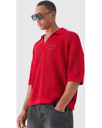 BoohooMAN - Oversized V Neck Open Stitch Knitted Polo - Lyst