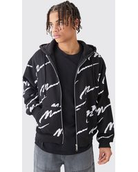 BoohooMAN - Man Signature All Over Print Boxy Zip Through Hoodie - Lyst