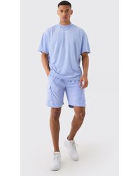 BoohooMAN - Oversized Extended Neck Towelling T-shirt & Cargo Shorts Set - Lyst