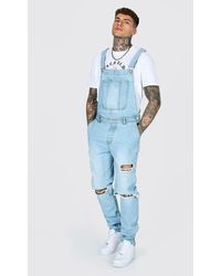 BoohooMAN Denim Tapered Stacked Knee Rip Long Overall in Black for Men -  Lyst