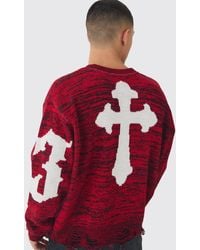 BoohooMAN - Boxy Distressed Hem Cross Graphic Knitted Sweater - Lyst