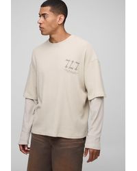 BoohooMAN - Oversized Boxy Tonal Print Raglan Faux Layer Sleeve Waffle T-Shirt - Lyst