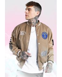 Boohooman Denim Burna Boy Varsity Bomber Jacket With Pu Sleeves In Green For Men Lyst