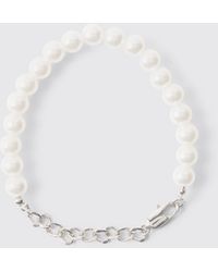 BoohooMAN - Pearl And Chain Metal Bracelet In Silver - Lyst