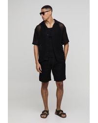 Boohoo - Oversized Dropped Revere Open Weave Shirt & Short Set - Lyst