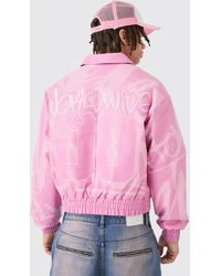 Boohoo - Boxy Bm Printed Collared Bomber Jacket - Lyst