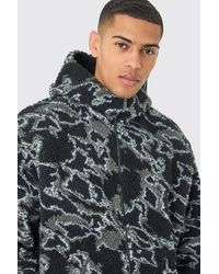BoohooMAN - Oversized Boxy Zip Through Abstract Printed Borg Hoodie - Lyst