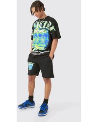 BoohooMAN - Oversized Extended Neck Skull Large Graphic Shorts Set - Lyst