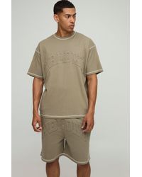 BoohooMAN - Oversized Peached Embossed Contrast Stitch T-Shirt & Dropped Crotch Shorts Set - Lyst