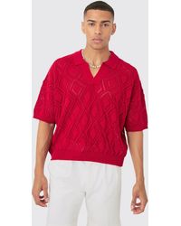 BoohooMAN - Boxy Oversized Patterned Open Stitch Knitted Polo - Lyst