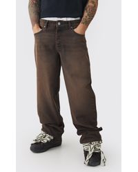 Boohoo - Vaqueros Holgados Marrones Sin Tratar Con Cintura Elástica Doble - Lyst