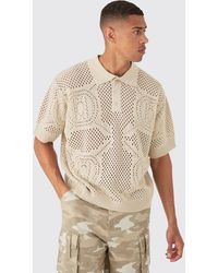 BoohooMAN - Oversized Boxy Open Stitch All Over Textured Polo In Stone - Lyst