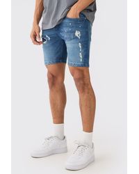 BoohooMAN - Relaxed Fit Ripped Denim Shorts In Blue Wash - Lyst