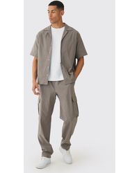 BoohooMAN - Oversized Revere Bengaline Shirt & Cargo Trousers Set - Lyst