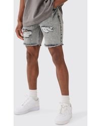 Boohoo - Slim Rigid Ripped Paint Splatter Denim Shorts In Ice Grey - Lyst
