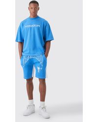BoohooMAN - Oversized Boxy Contrast Stitch Embroidered Tshirt & Short Set - Lyst