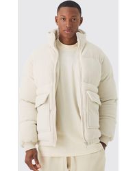 BoohooMAN - Fleece Funnel Neck Puffer Coat In Ecru - Lyst