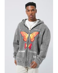 BoohooMAN - Oversized Washed Graphic Zip Through Hoodie - Lyst