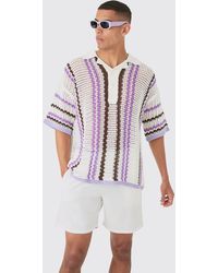 BoohooMAN - Oversized Open Stitch Deep Revere Stripe Knit Polo - Lyst