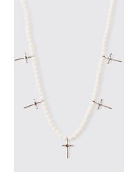 BoohooMAN - Pearl Cross Pendant Necklace In White - Lyst