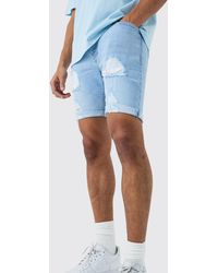 BoohooMAN - Skinny Stretch Distressed Denim Shorts In Light Blue - Lyst
