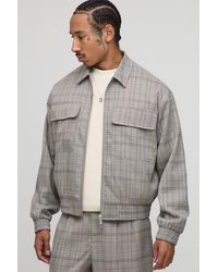 Boohoo - Checked Oversized Boxy Cargo Pocket Harrington Jacket - Lyst