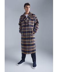 BoohooMAN - Double Breasted Longline Brushed Check Overcoat - Lyst