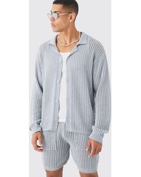 BoohooMAN - Relaxed Crochet Open Knit Long Sleeve Shirt In Grey - Lyst