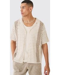 BoohooMAN - Oversized Boxy Open Stitch Stripe Knit Shirt In Ecru - Lyst