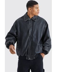 BoohooMAN - Oversized Distressed Pu Bomber With Panel - Lyst