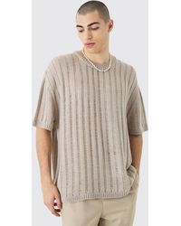 BoohooMAN - Oversized Open Ladder Stitch Knitted T-shirt In Stone - Lyst
