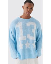 Boohoo - Oversized Boxy Jacquard Varsity Open Stitch Sweater In Light Blue - Lyst