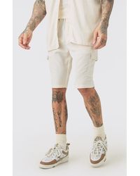 BoohooMAN - Tall Elasticated Waist Relaxed Linen Cargo Shorts In Natural - Lyst
