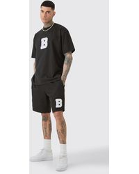 BoohooMAN - Tall Oversized Extended Neck Applique T-shirt & Short Set - Lyst
