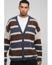 BoohooMAN - Oversized Dropped Shoulder Brushed Stripe Knitted Cardigan - Lyst