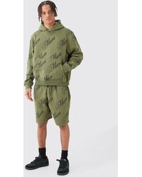 BoohooMAN - Man Script All Over Print Boxy Hooded Short Tracksuit - Lyst