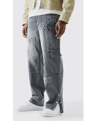 BoohooMAN - Baggy Rigid Bm Applique Multi Pocket Cargo Jeans In Grey - Lyst
