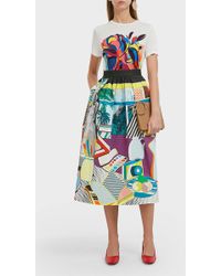 Mary Katrantzou Pleated Printed Stretch-cotton-poplin Midi Skirt Blue