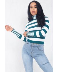 Boutique Store White & Teal Striped Turtle Neck Long Sleeve Top - Blue