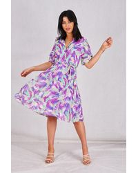 Boutique Store - Purple Printed Belted Mini Pleated Shirt Dress - Lyst
