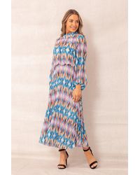 Boutique Store - Blue Printed Pleated High Neck Midi Dress - Lyst